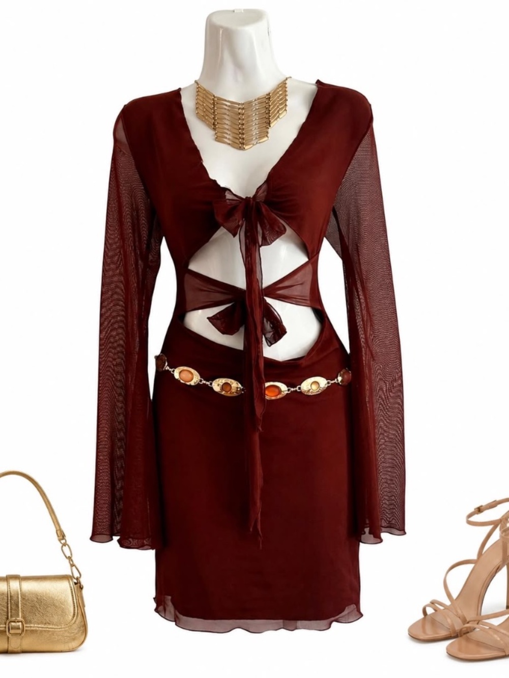 Princess Polly Burgundy Mesh Cutout Mini Dress Size 4
